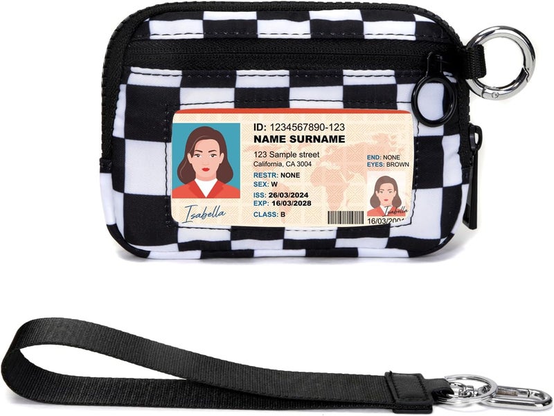 YDF Keychain Wallet for Women Mini Zip Card Holder with ID Window, Coin Purse, Detachable Wristlet, Small Organizer Wallet, Checkered - Image 1